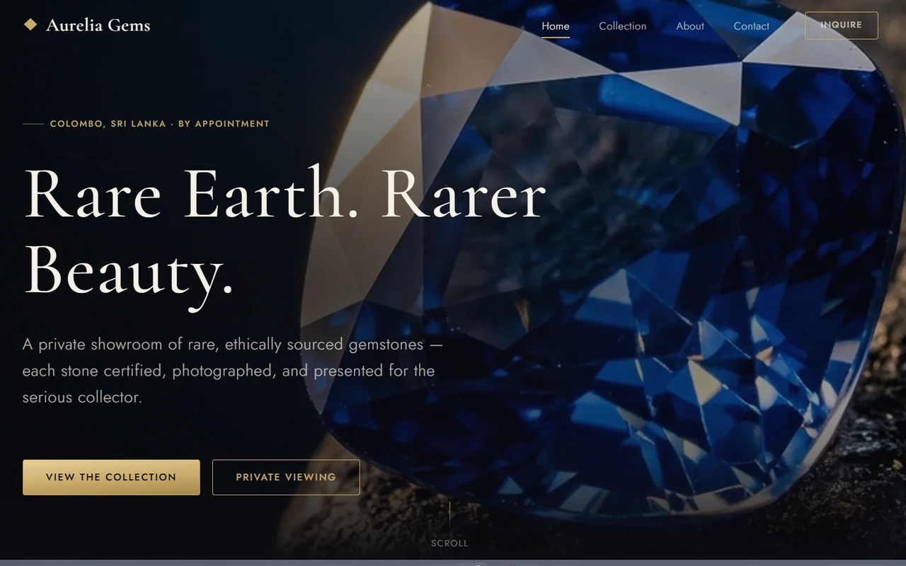 Aurelia Gems homepage: a dark luxury showroom layout presenting certified Ceylon sapphires and coloured gemstones