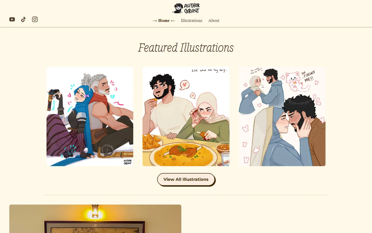 Author Grunt homepage: a featured-illustration gallery laid out on warm cream