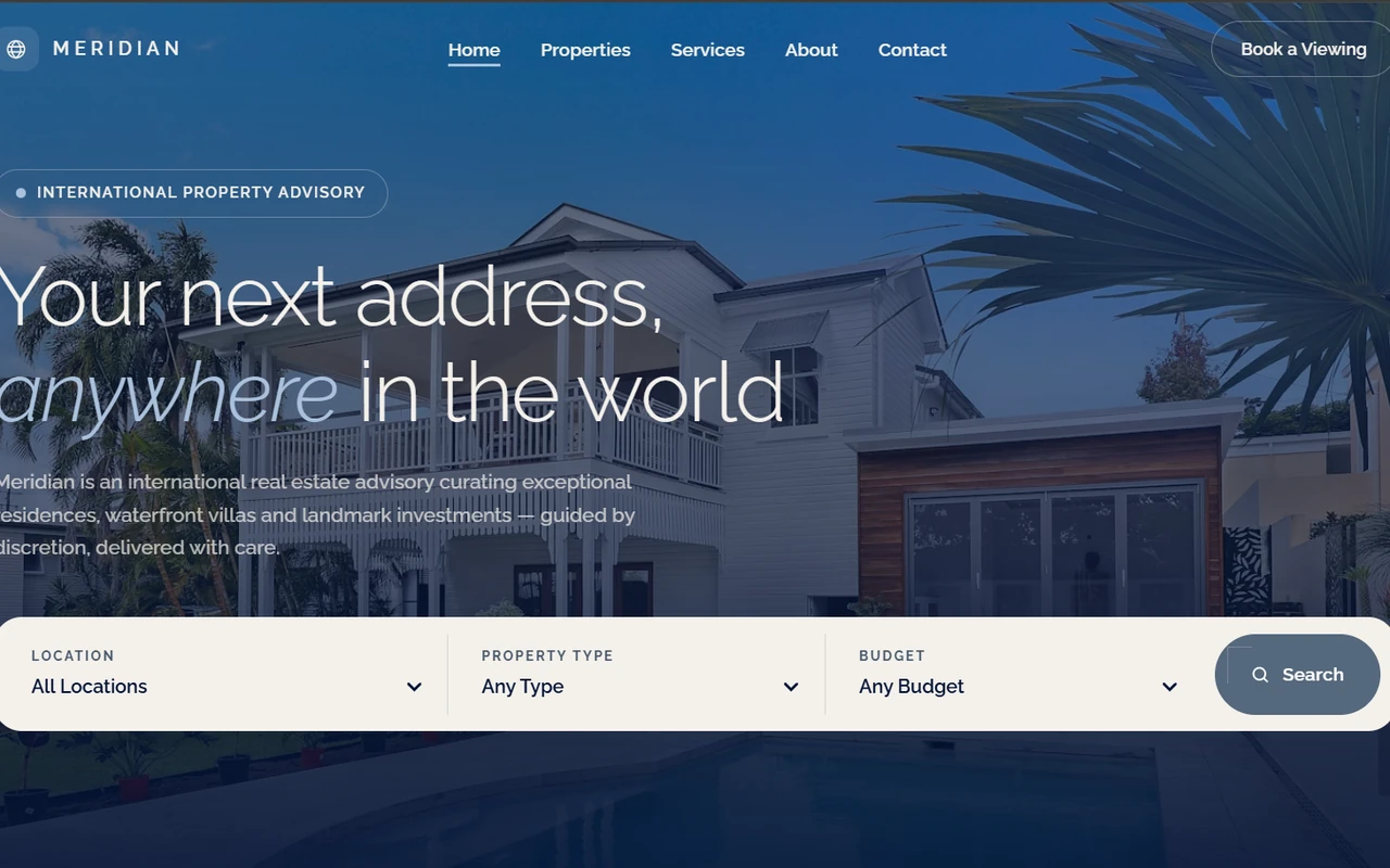 Meridian Property Group homepage: a luxury real-estate advisory presenting curated signature residences and investment services