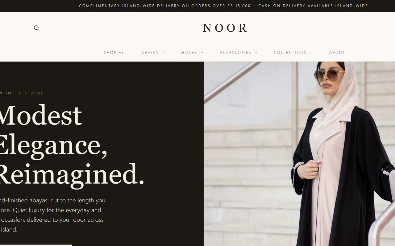 Noor storefront: a modest-fashion e-commerce site presenting abayas with custom-length options