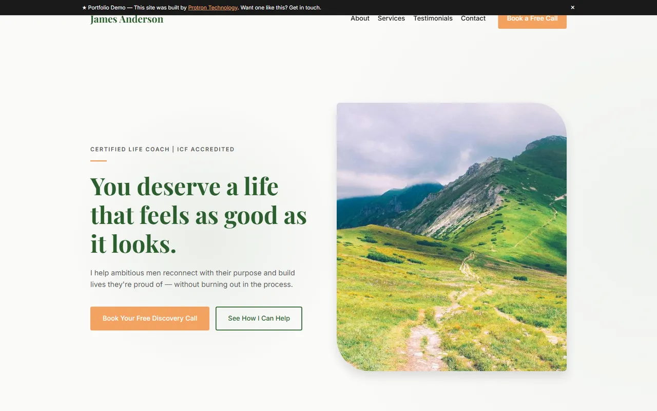 Radiant Life Coaching landing page with a mountain photograph beside a discovery-call booking flow