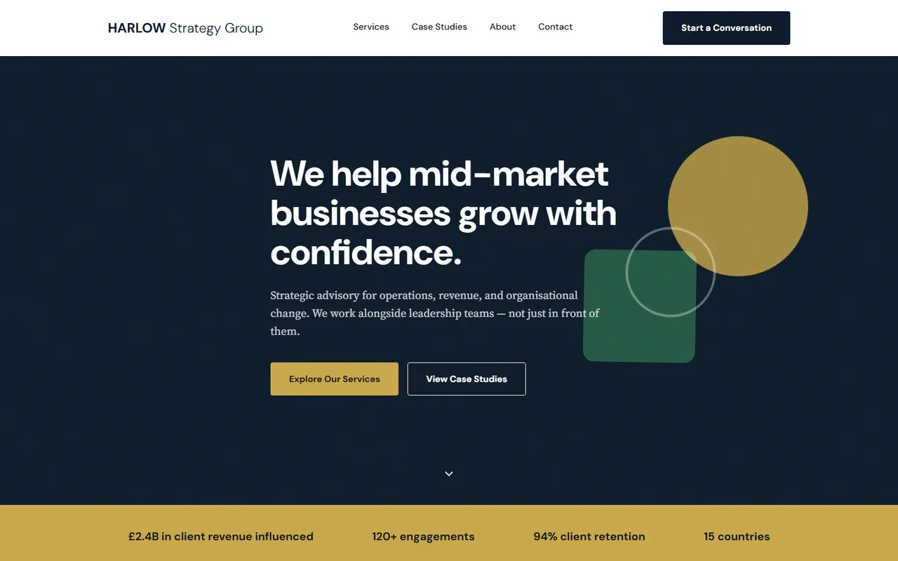 Strategos Partners site: a deep navy hero reading We help mid-market businesses grow with confidence