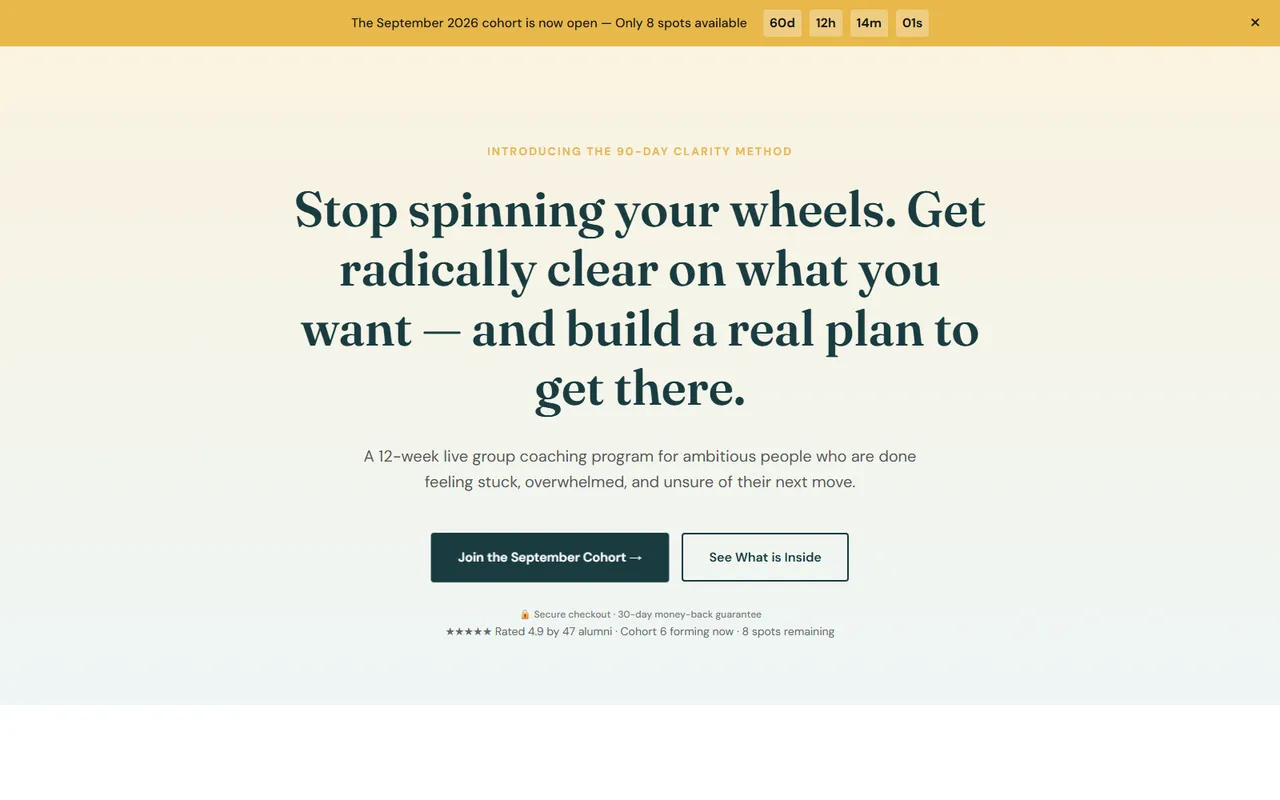 The 10X Academy sales page with a cohort countdown bar above a long-form coaching offer