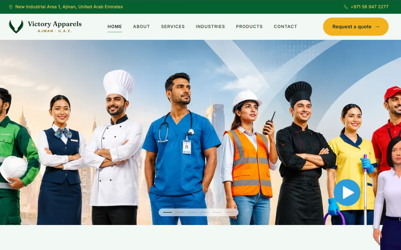 Victory Apparels homepage: a uniform and workwear manufacturer presenting in-house production across corporate and industrial sectors