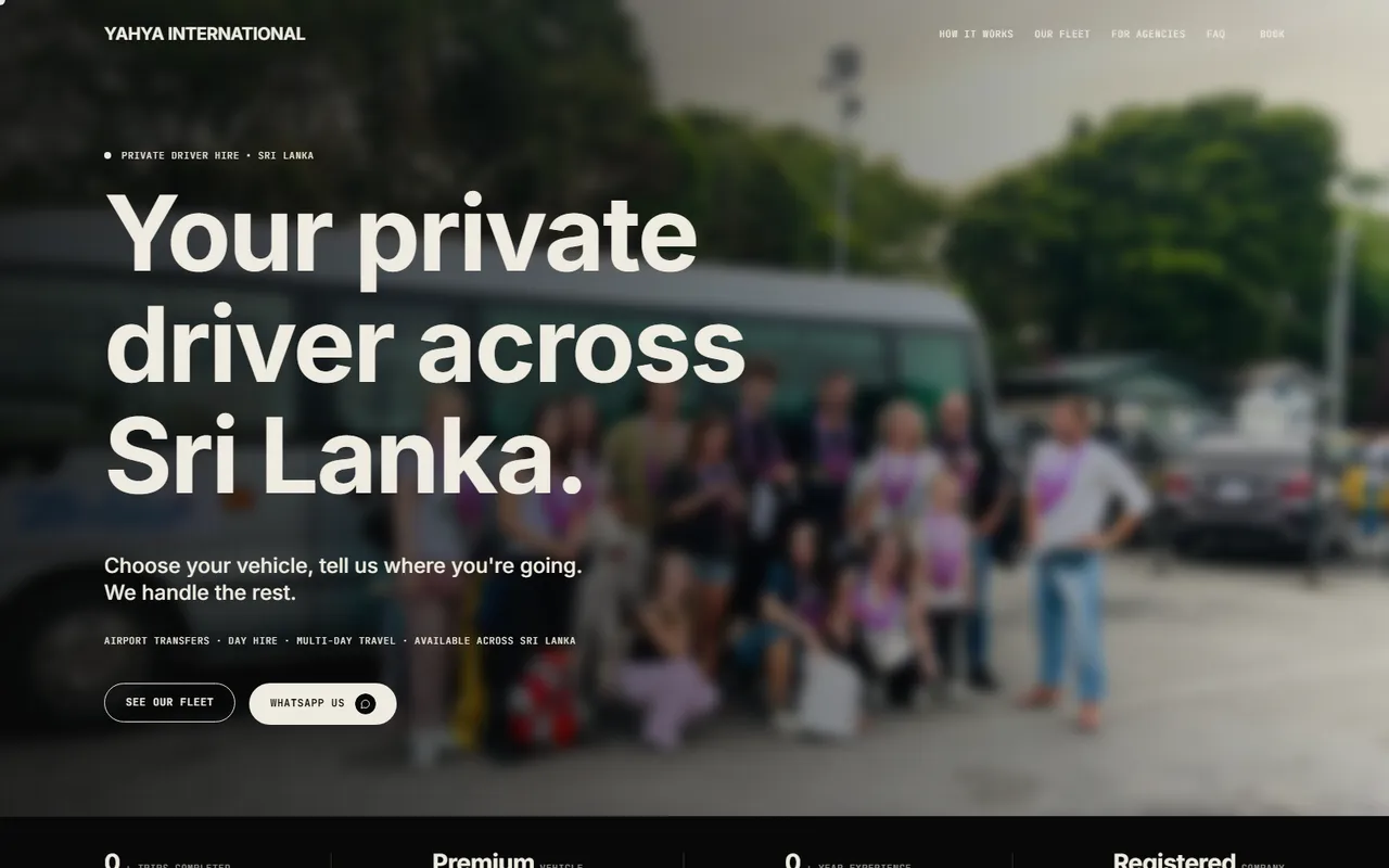 Yahya In Tours homepage: a private-driver offer set over a photograph of a Sri Lankan roadside